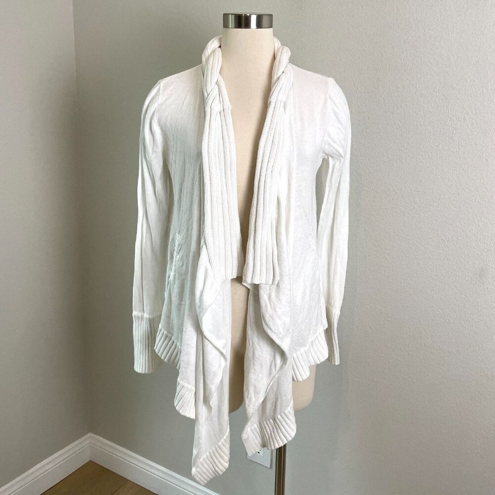Anthropologie YOON Women Medium Ivory Braided Collar Drape Open Cardigan Sweater